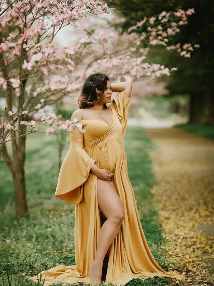 Off the Shoulder High Slit Cotton Maternity Photoshoot Gown Flare Sleeves Dresses