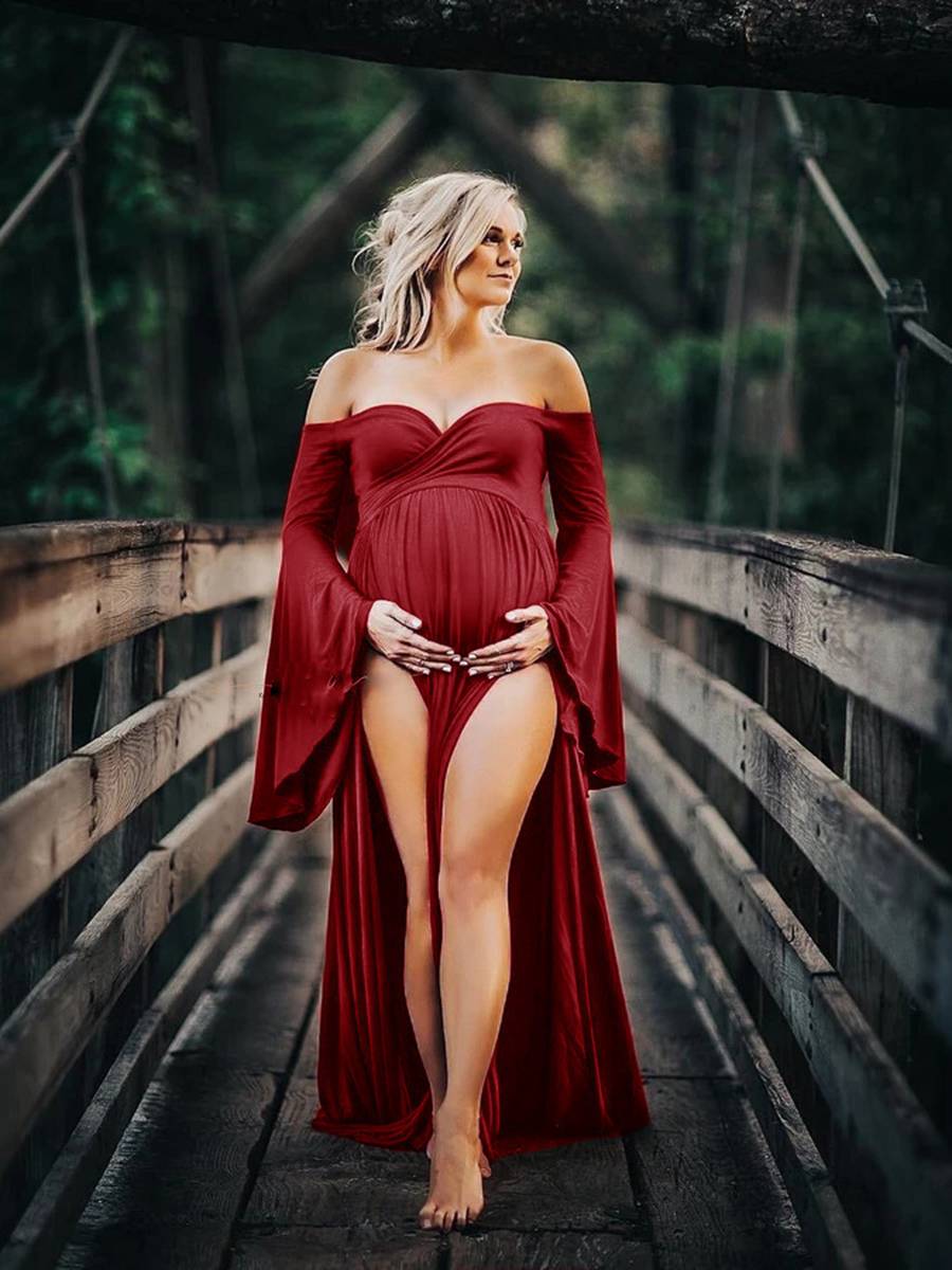 Off the Shoulder High Slit Cotton Maternity Photoshoot Gown Flare Sleeves Dresses
