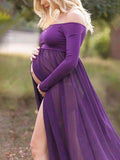 Off the Shoulder Open Front Maternity Photoshoot Gown Long Sleeves Dress