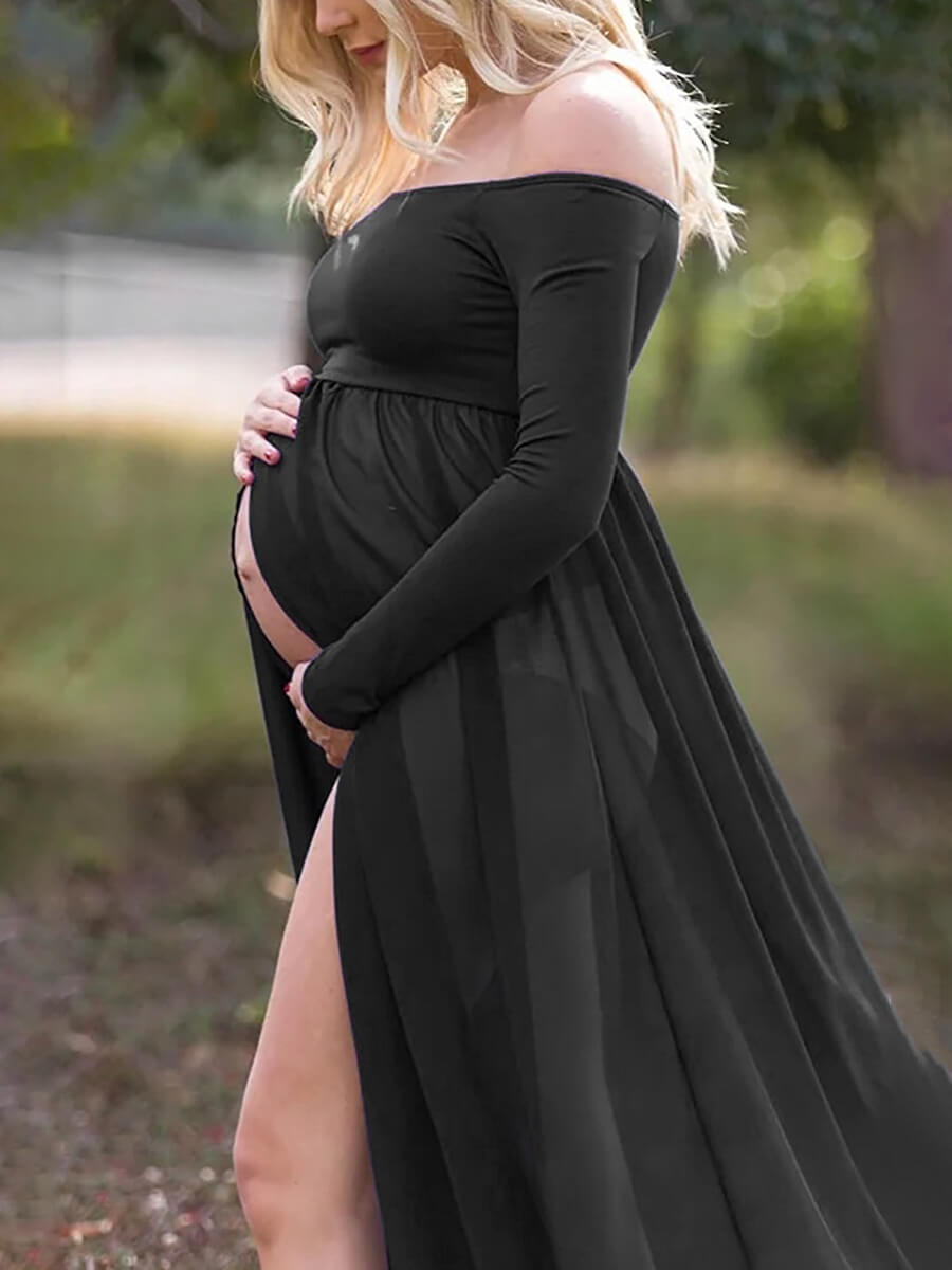 Off the Shoulder Open Front Maternity Photoshoot Gown Long Sleeves Dress