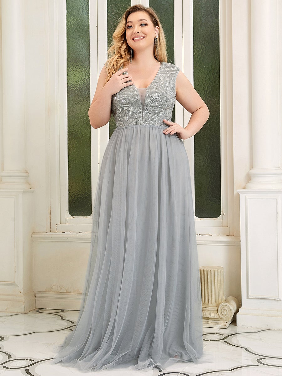 Women's Plus Sizes A-Line V-Neck Sequin Dress Floor-Length Prom Dresses