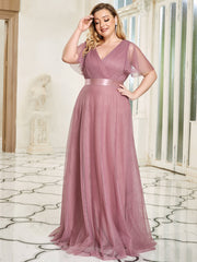 Plus Size V-Neck A-Line Floor-Length Bridesmaid Dresses Chiffon Dress Ruffle Sleeve Dress