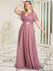 Plus Size V-Neck A-Line Floor-Length Bridesmaid Dresses Chiffon Dress Ruffle Sleeve Dress