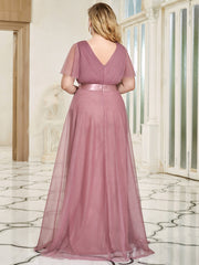 Plus Size V-Neck A-Line Floor-Length Bridesmaid Dresses Chiffon Dress Ruffle Sleeve Dress