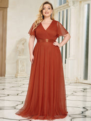 Plus Size V-Neck A-Line Floor-Length Bridesmaid Dresses Chiffon Dress Ruffle Sleeve Dress