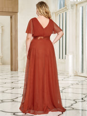 Plus Size V-Neck A-Line Floor-Length Bridesmaid Dresses Chiffon Dress Ruffle Sleeve Dress