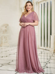 Plus Size V-Neck A-Line Floor-Length Bridesmaid Dresses Chiffon Dress Ruffle Sleeve Dress