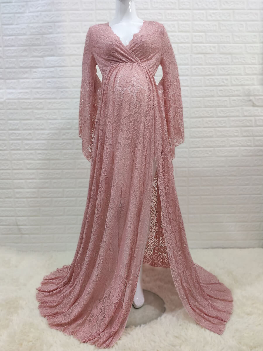 Soft Lace Maternity Photoshoot Gown Puffy Sleeves Split Dresses