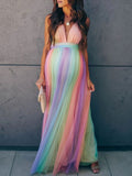 Rainbow Cross Back Deep V Necked Floor Length Maternity Photoshoot Gown