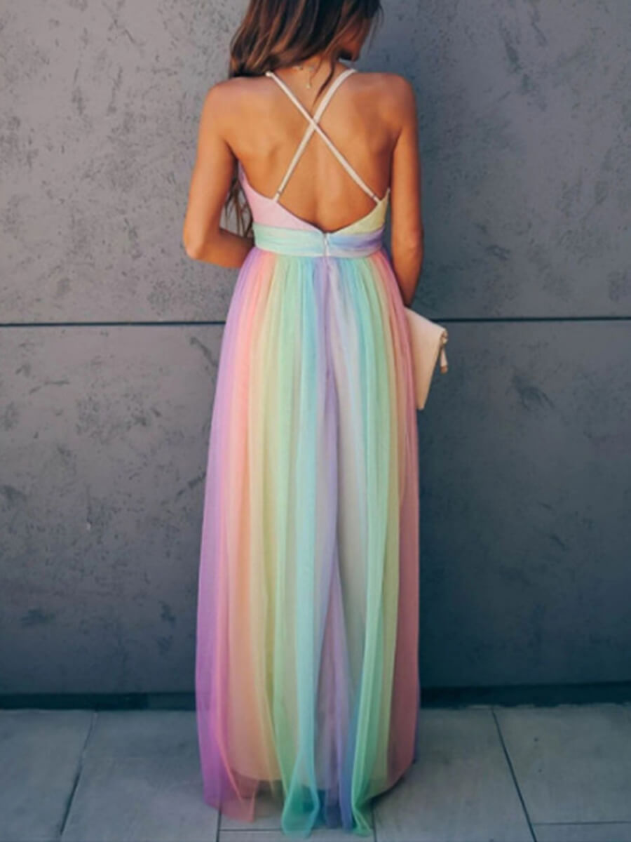 Rainbow Cross Back Deep V Necked Floor Length Maternity Photoshoot Gown