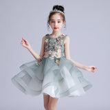 Kid's Sleeveless Layered Dresses Gorgeous Embroidery Puffy Dress Elegant Formal Wear