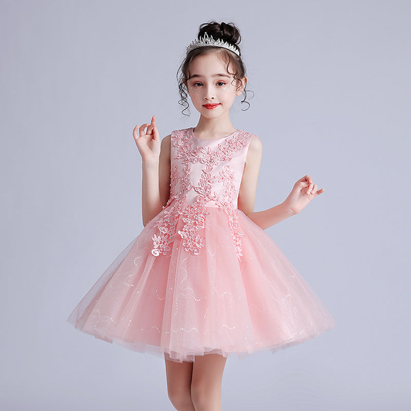 Children's Puffy High-low Dress Classic Round Necked Embroidery Sheer Princess Gown