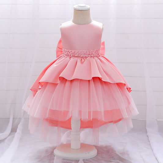 Cute High Low Floor Girl Dress with Bow Multi Colors Kid's Layered Gown
