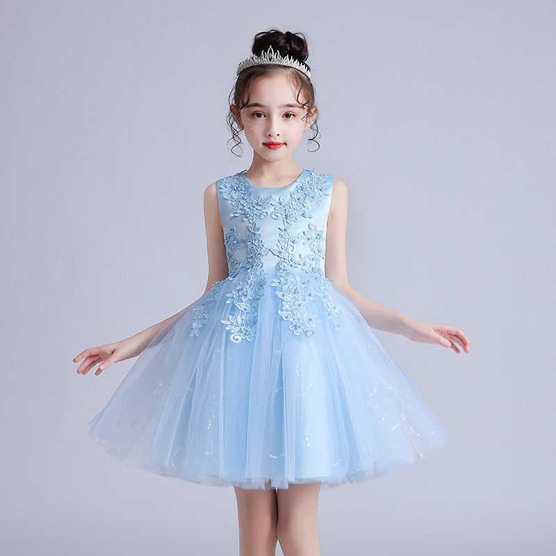 Children's Puffy High-low Dress Classic Round Necked Embroidery Sheer Princess Gown