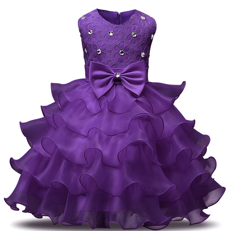 Sleeveless Layered Dress with Bows Girls' Sequins Princess Gown Multi-colors