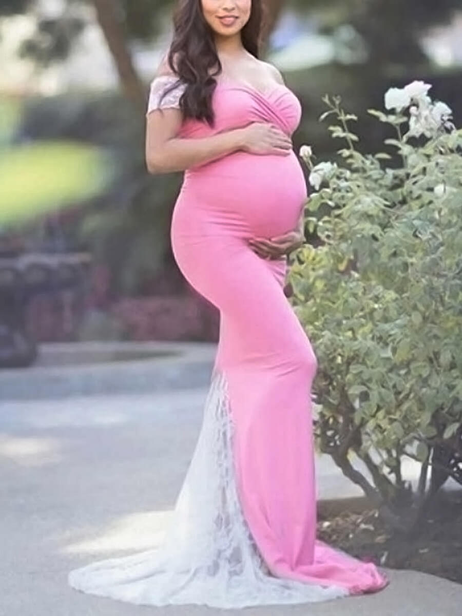 Off the Shoulder Cotton Maternity Photoshot Gown with Lace Train