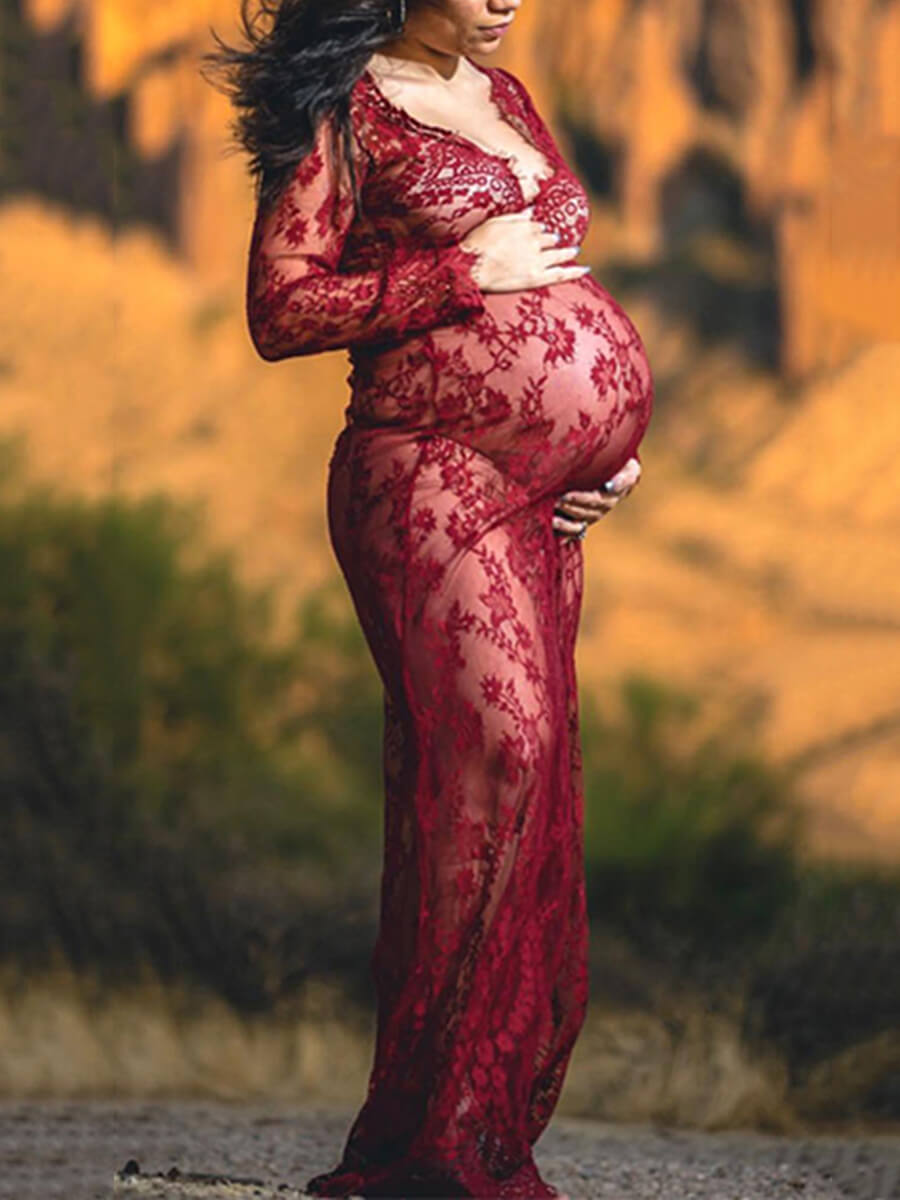 Women Sexy Deep V-Neck Semi-Sheer Lace Maternity Photoshoot Dress
