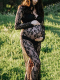Women Sexy Deep V-Neck Semi-Sheer Lace Maternity Photoshoot Dress