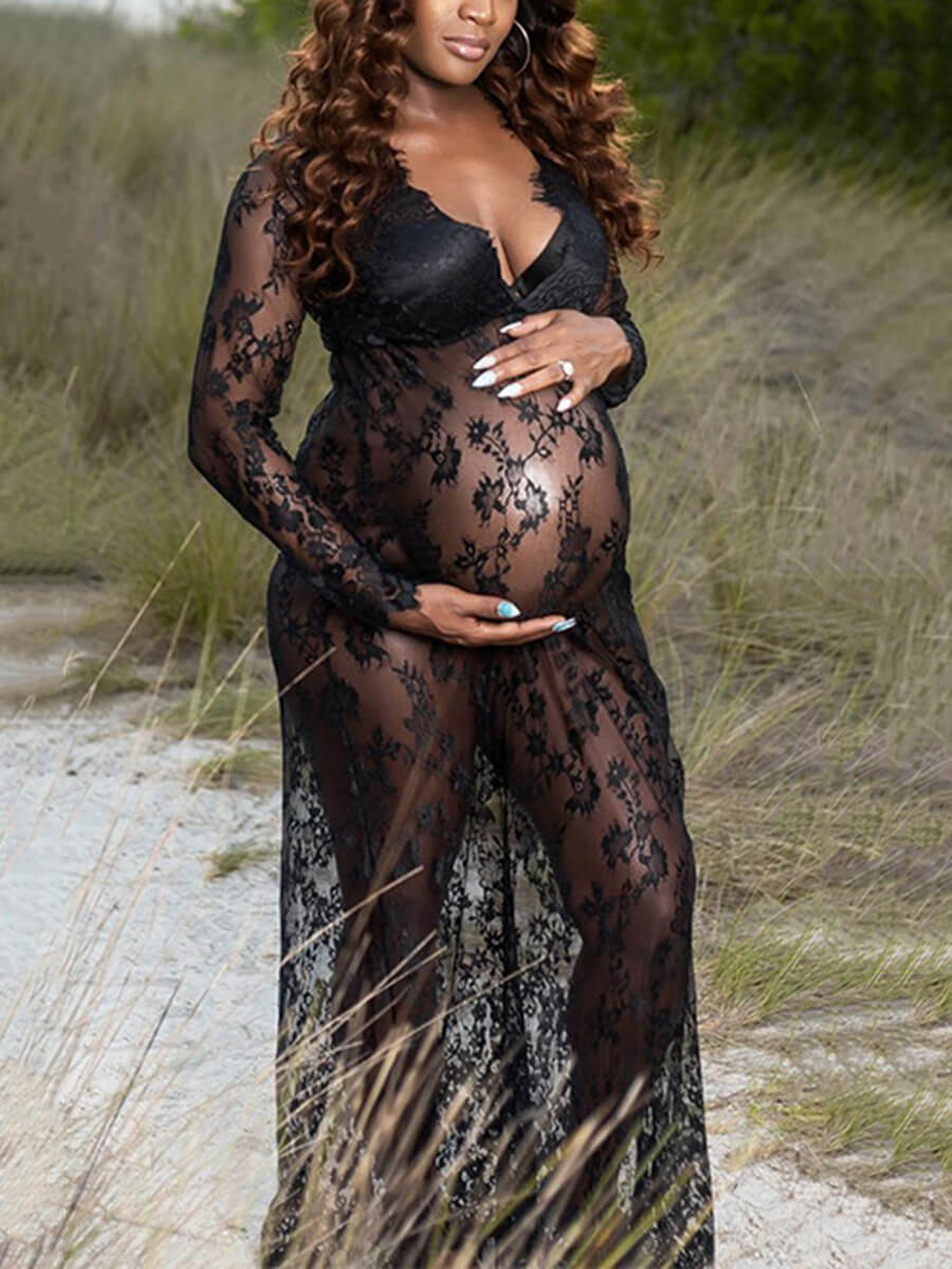 Women Sexy Deep V-Neck Semi-Sheer Lace Maternity Photoshoot Dress – Avadress