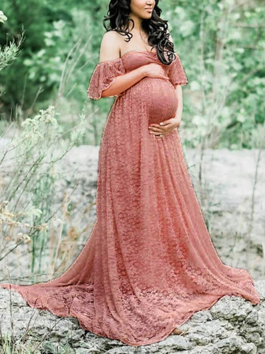 Women Off the Shoulder Lace Flare Maternity Photoshoot Gown