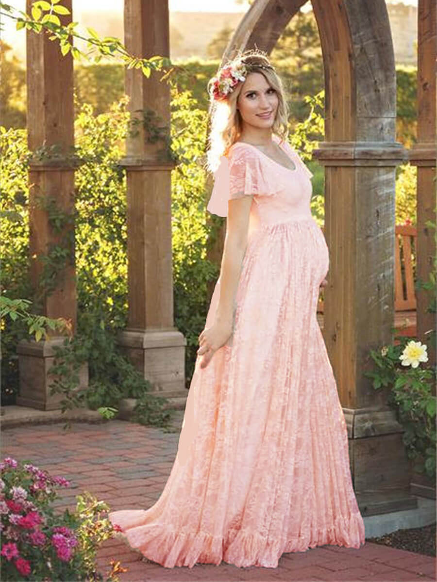 Sweet Round Necked Lace Maternity Photoshoot Gown Floor Length Dress