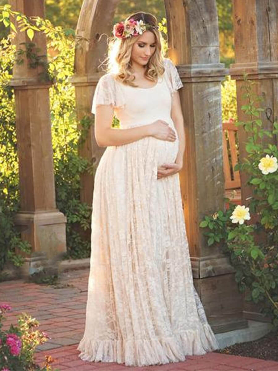 Sweet Round Necked Lace Maternity Photoshoot Gown Floor Length Dress