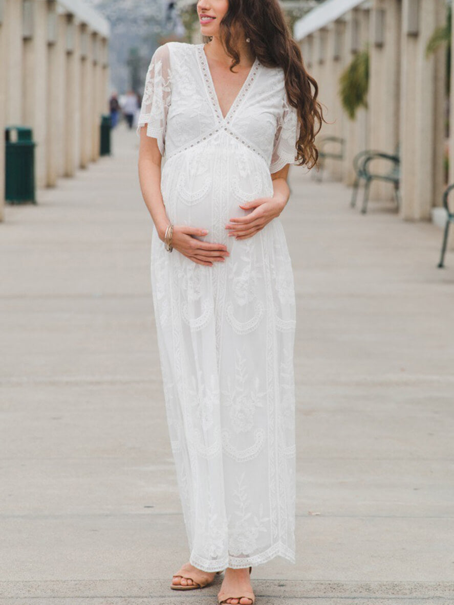 Elegant Short Sleeves V-Necked Mesh Maternity Picture Dress