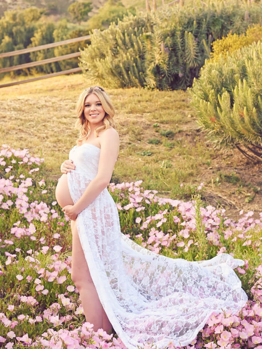 Soft Lace Maternity Photoshoot Gowns Open Front Strapless Dress