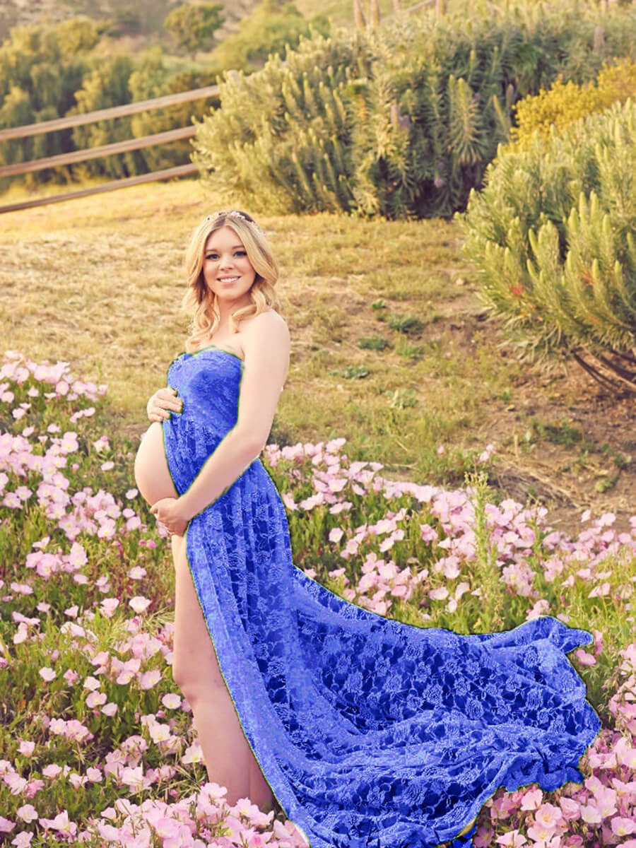 Soft Lace Maternity Photoshoot Gowns Open Front Strapless Dress