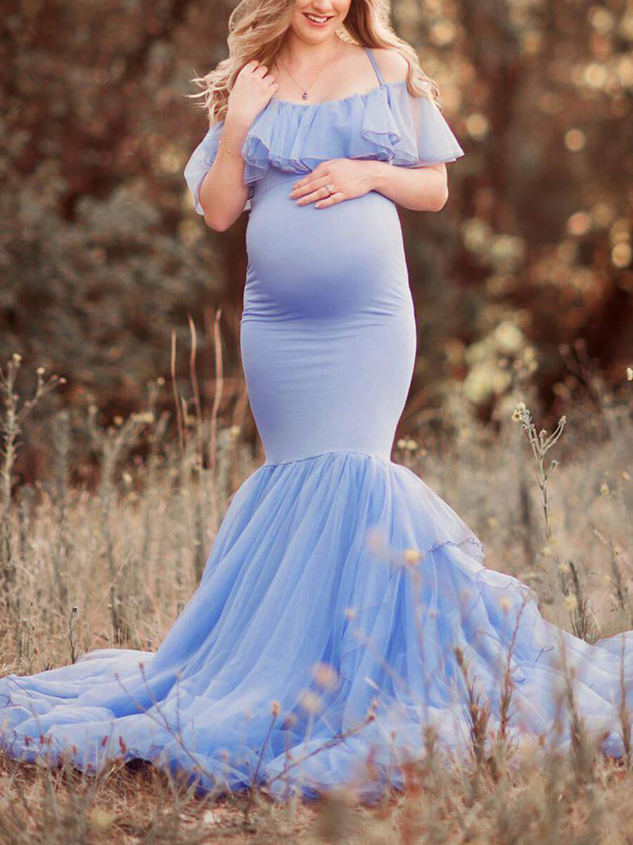 Women Sweet Mermaid Dress Ruffle Sleeve Maternity Photoshoot Gown