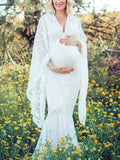 Puffy Sleeves White Lace Maternity Photoshoot Gown Deep V Necked Gown