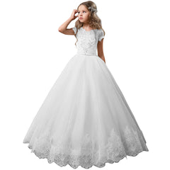 First Communion Short Sleeves Flower Girl Dress Rhinestones Pageant Gown Party Floor Length Wedding Party Dress Evening Dance Princess Tulle Dress