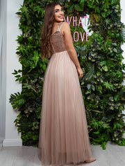 Women's High Waist Tulle & Sequin Sleevless Evening Dress