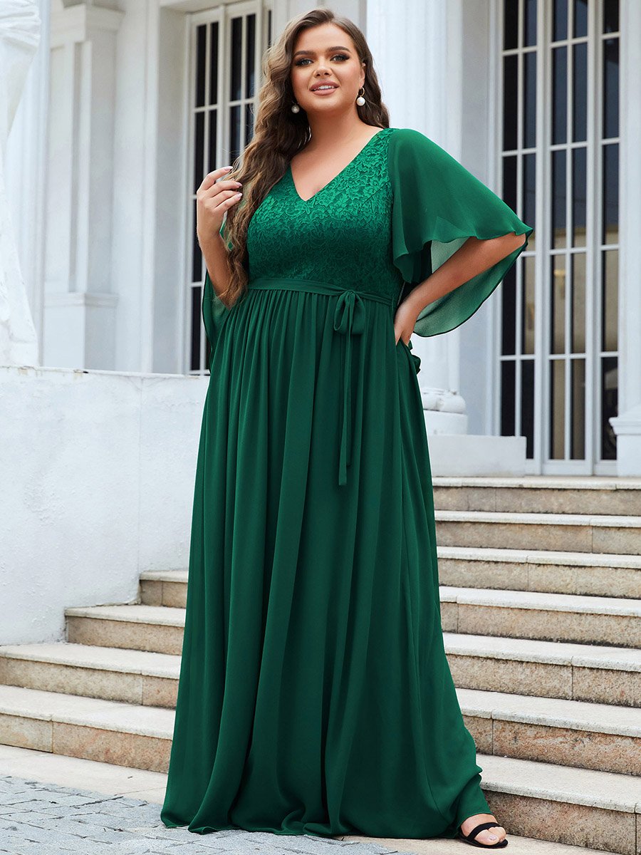 Plus Size Floor Length Gown Deep V Neck Evening Dress with Lace