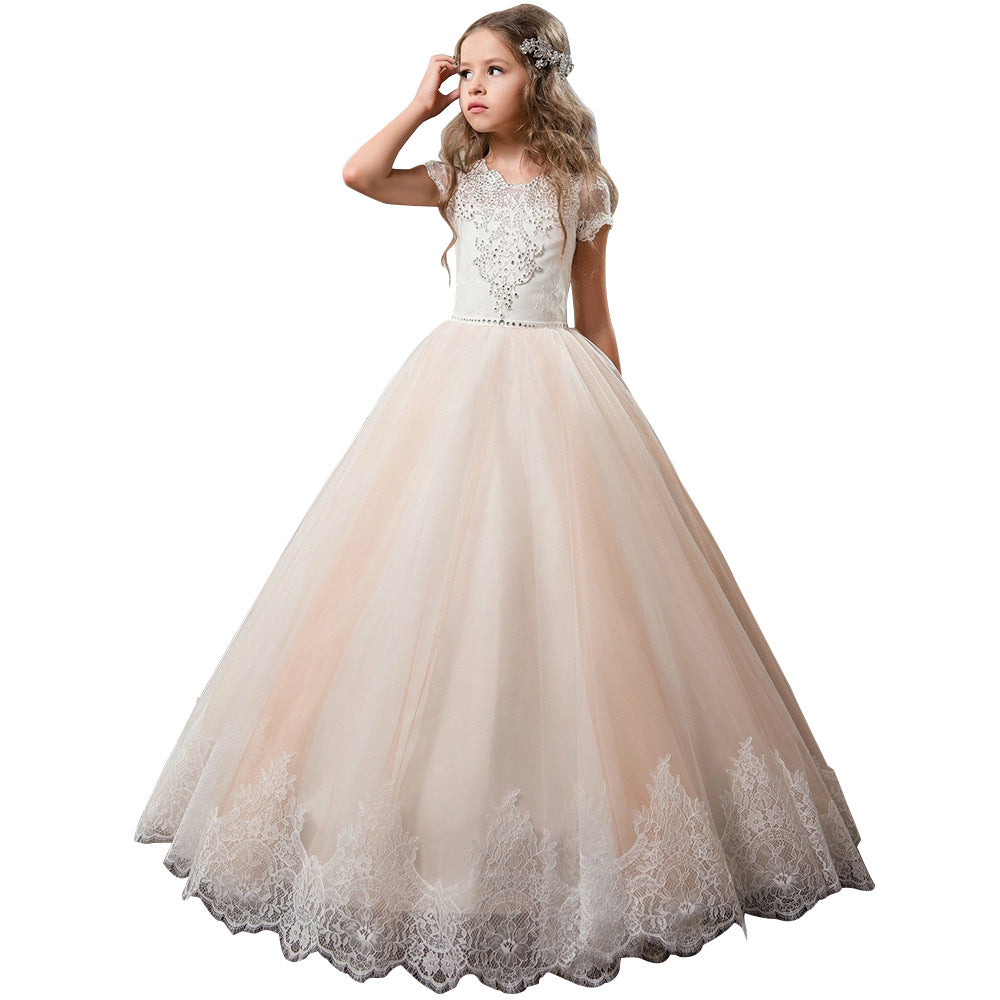 First Communion Short Sleeves Flower Girl Dress Rhinestones Pageant Gown Party Floor Length Wedding Party Dress Evening Dance Princess Tulle Dress