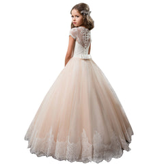 Short Sleeves Flower Girl Dress Rhinestones Pageant Gown Party Floor Length Wedding Party Dress Evening Dance Princess Tulle Dress