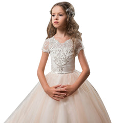 First Communion Short Sleeves Flower Girl Dress Rhinestones Pageant Gown Party Floor Length Wedding Party Dress Evening Dance Princess Tulle Dress