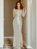 Shiny V Necked Sequin Evening Party Dress with Long Sleeves Side Split Banquet Gown