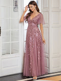 Romantic Shimmery V Neck Ruffle Sleeves Maxi Long Evening Gowns Sequined Tulle Wedding Dress