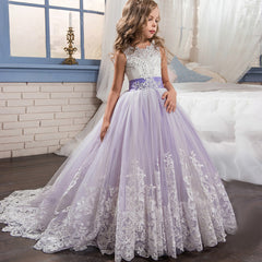 Communion Dress Kid Lace princess dress Ball Gown with Bow birthday dresses Flower Girls Dress for Wedding