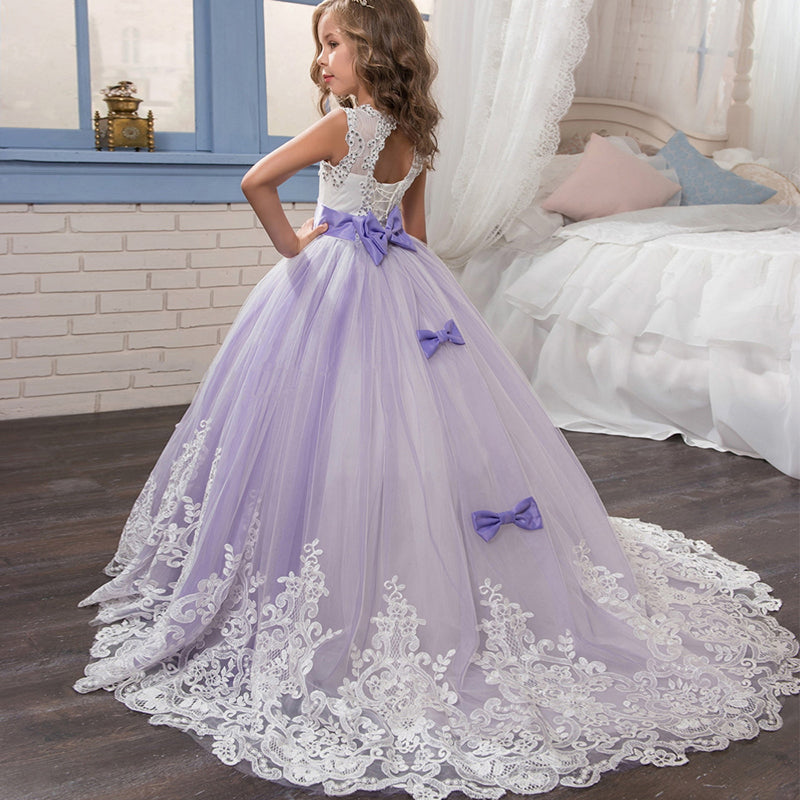Communion Dress Kid Lace princess dress Ball Gown with Bow birthday dresses Flower Girls Dress for Wedding